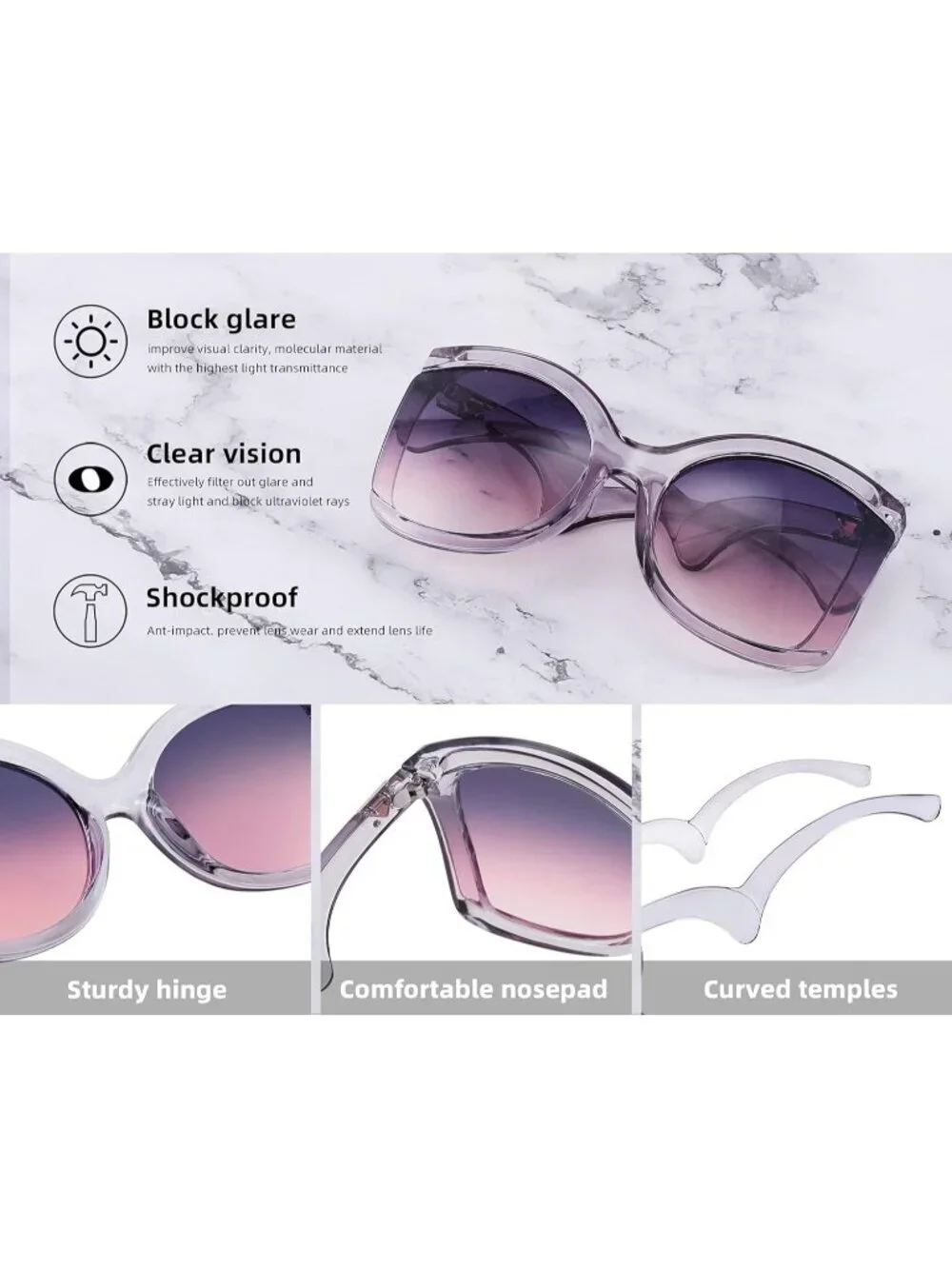 Women's Oversized Square Sunglasses Curly Arm Frame Shades B4035 Grey Purple